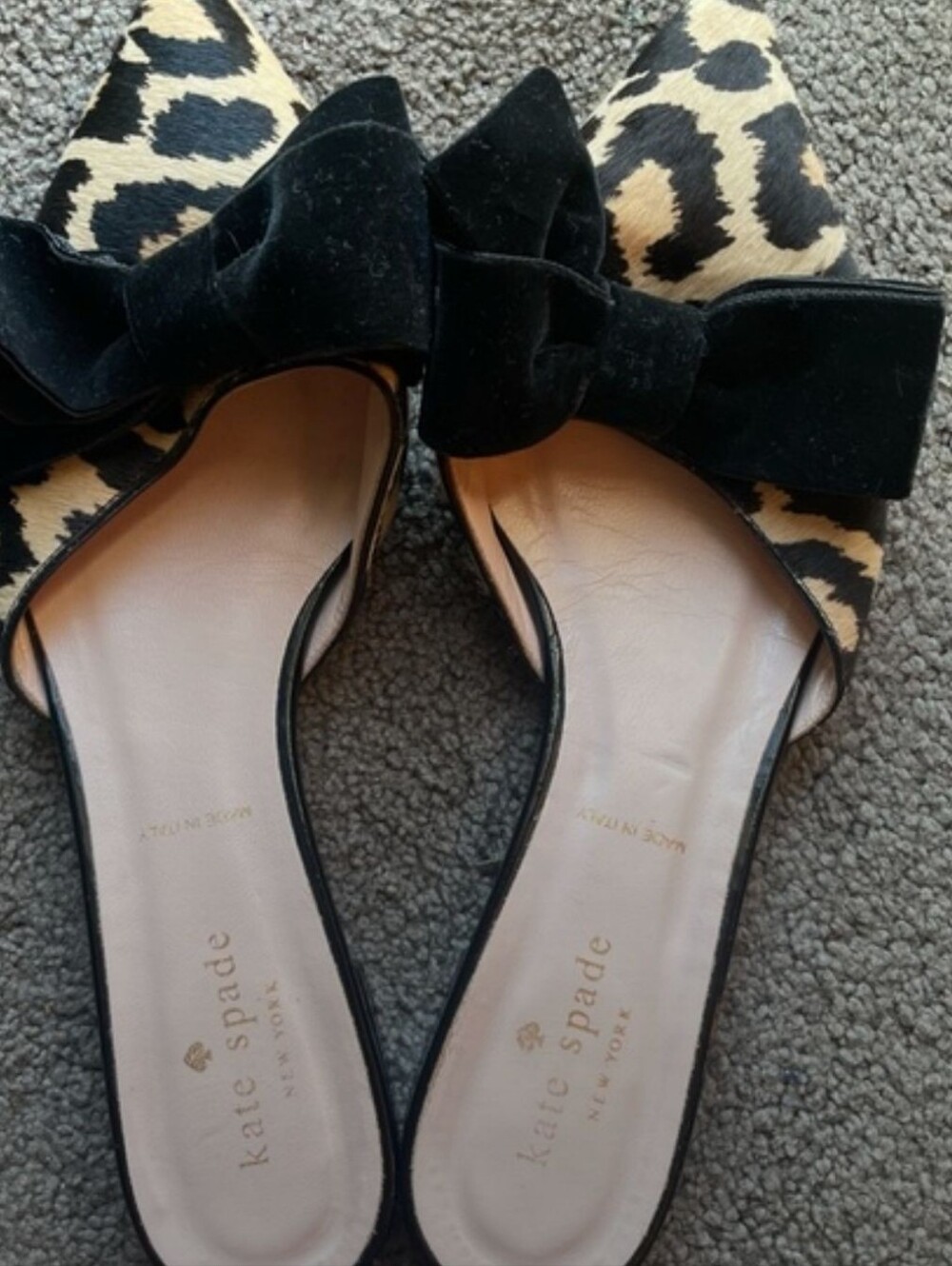 kate spade Leopard Print Pointed Toe Mules with Black Velvet Bow